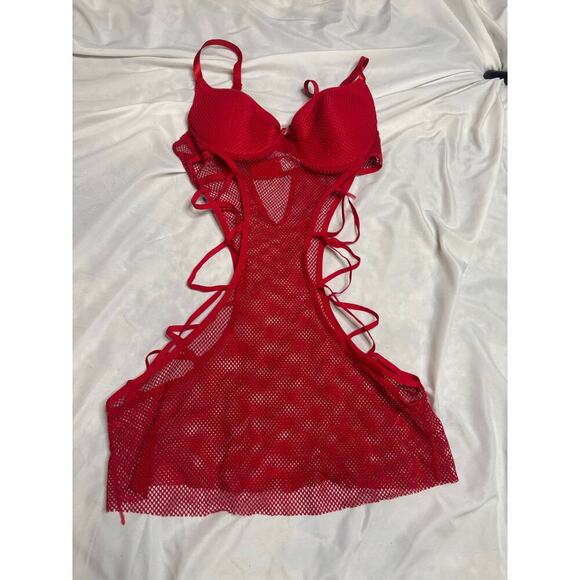 Title Unknown Tops - Red Lace-Up Sheer Mesh Lingerie Dress SZ SM